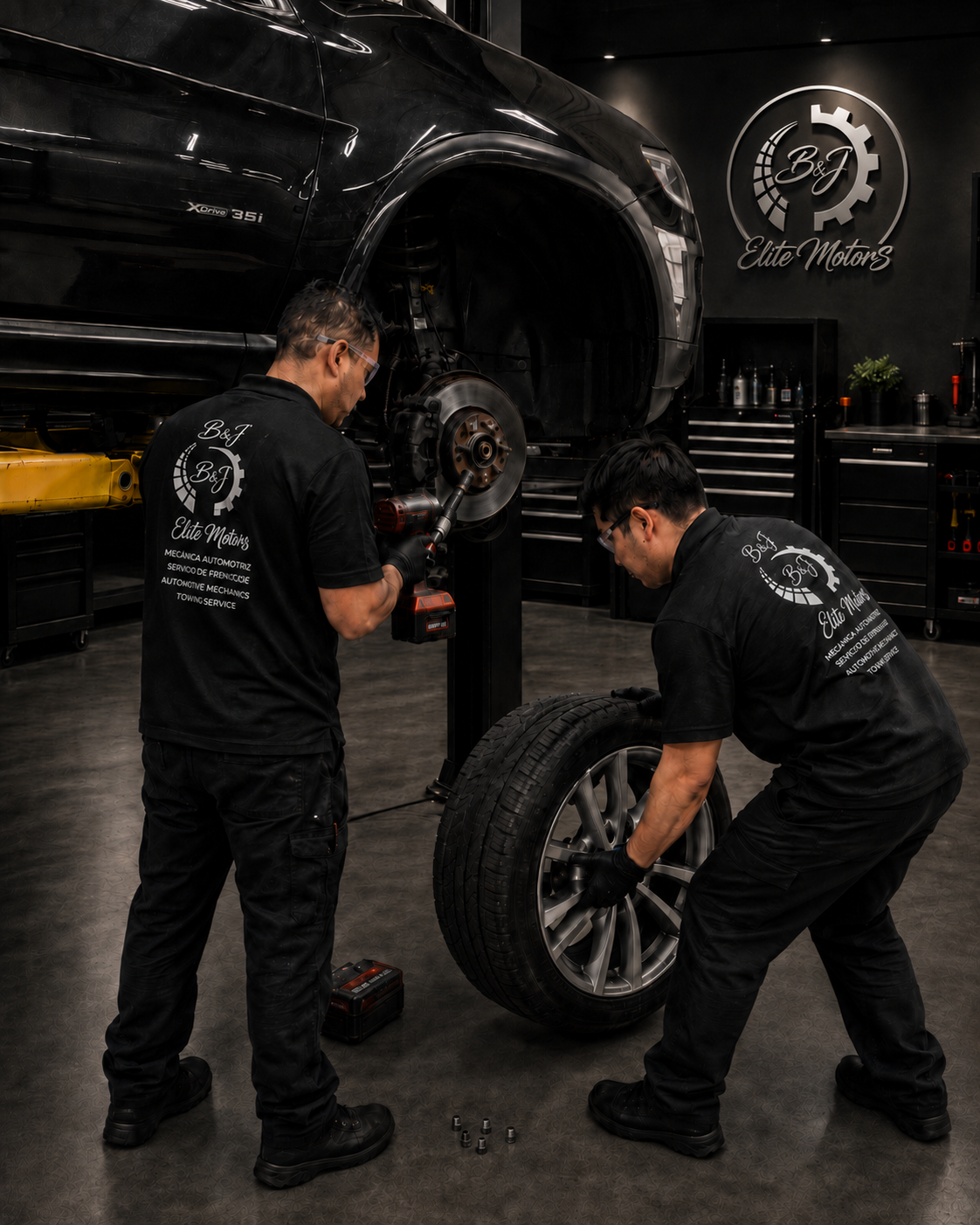 Inspección debajo de un vehículo en B&J Elite Motors