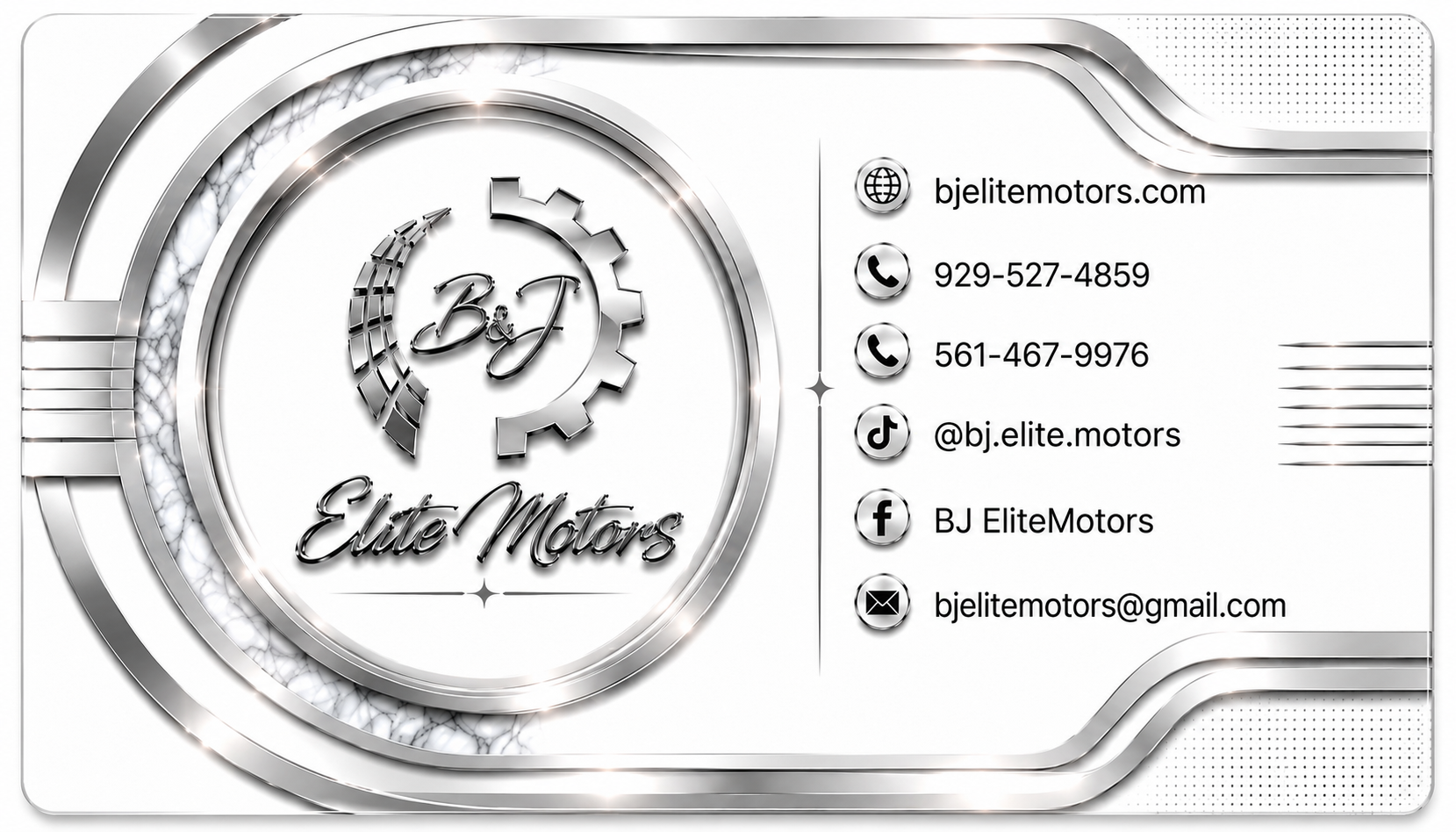 Frente de la tarjeta de B&J Elite Motors