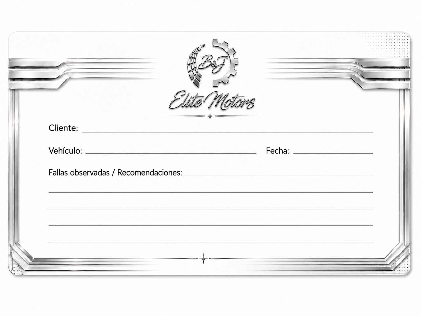 Reverso de la tarjeta de B&J Elite Motors